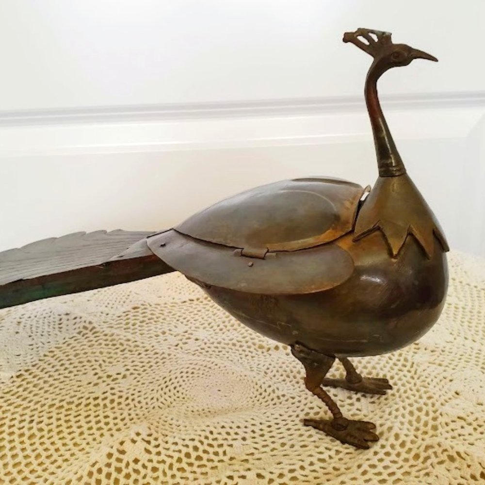 Peacock Shaped Brass Betel Nut Box - Picture 1 of 12